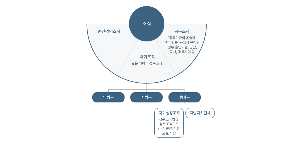 조직- 민간경영조직, 국가조직(넓은 의미의 정부조직), 공공조직(공공기관의 운영에 관한 법률' 등에서 규정된 정부 출연기관, 공단,공사, 공공시설 등) 입법부 사법부 행정부내 국가행정조직(정부조직법상 정부조직으로 (국가)행정기관으로 사용)과 지방자치단체 도표